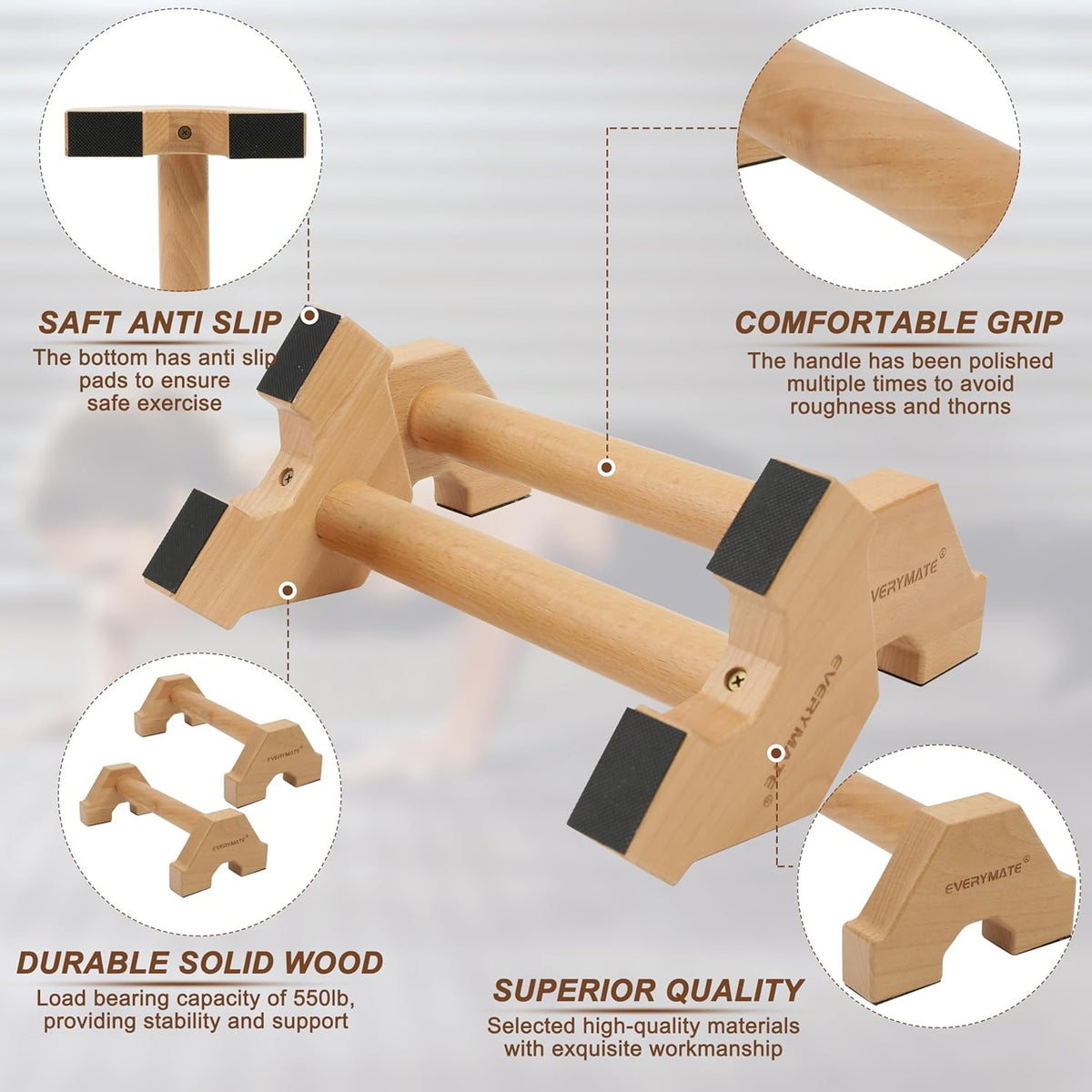 Wooden Parallettes Bars - Non-Slip Push-Up Stand for Handstand Training & Calisthenics (Home/Commercial Gym)