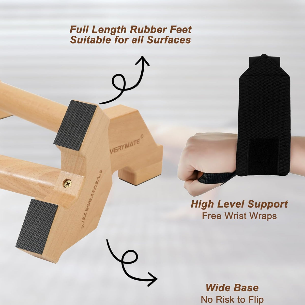 Wooden Parallettes Bars - Non-Slip Push-Up Stand for Handstand Training & Calisthenics (Home/Commercial Gym)