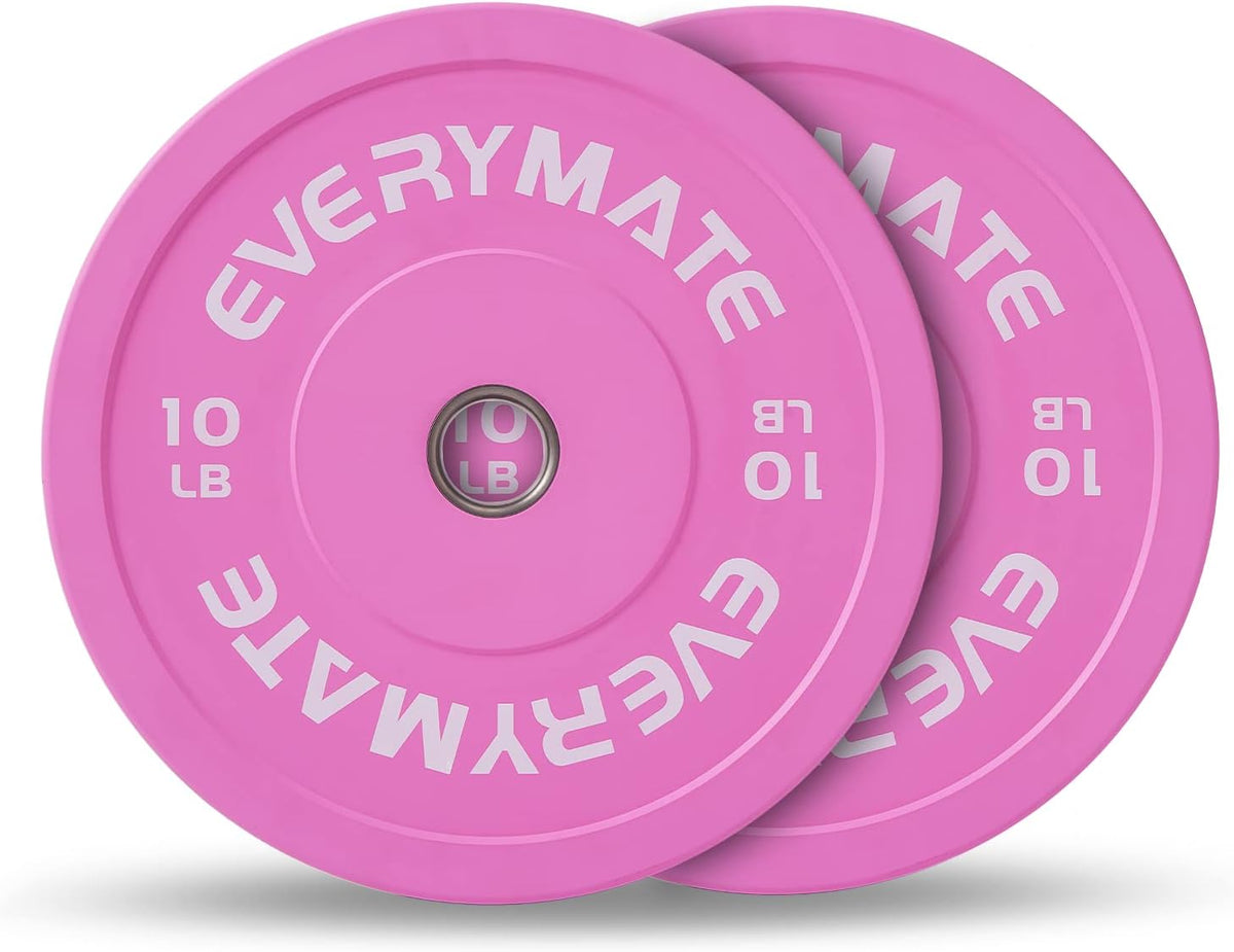 EVERYMATE Pink Weight Plates 10LB Olympic Bumper Plates Grip Weight Plates for Strength Training & Crossfit Steel Inserts Weight Plates Fit 2" Barbells Virgin Rubber Weights